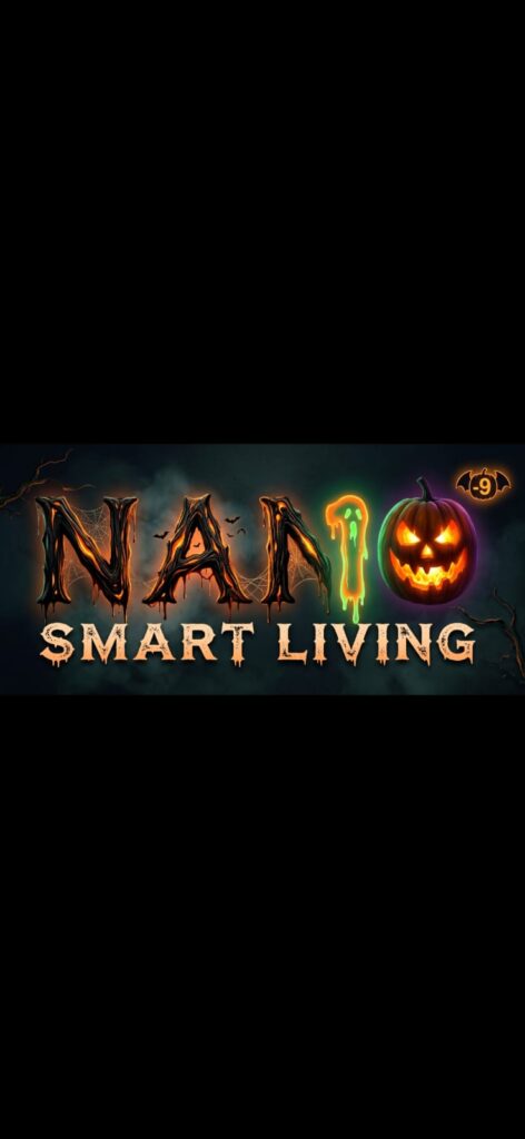 Nano Smart Living Halloween graphic with a jack-o-lantern and bats.